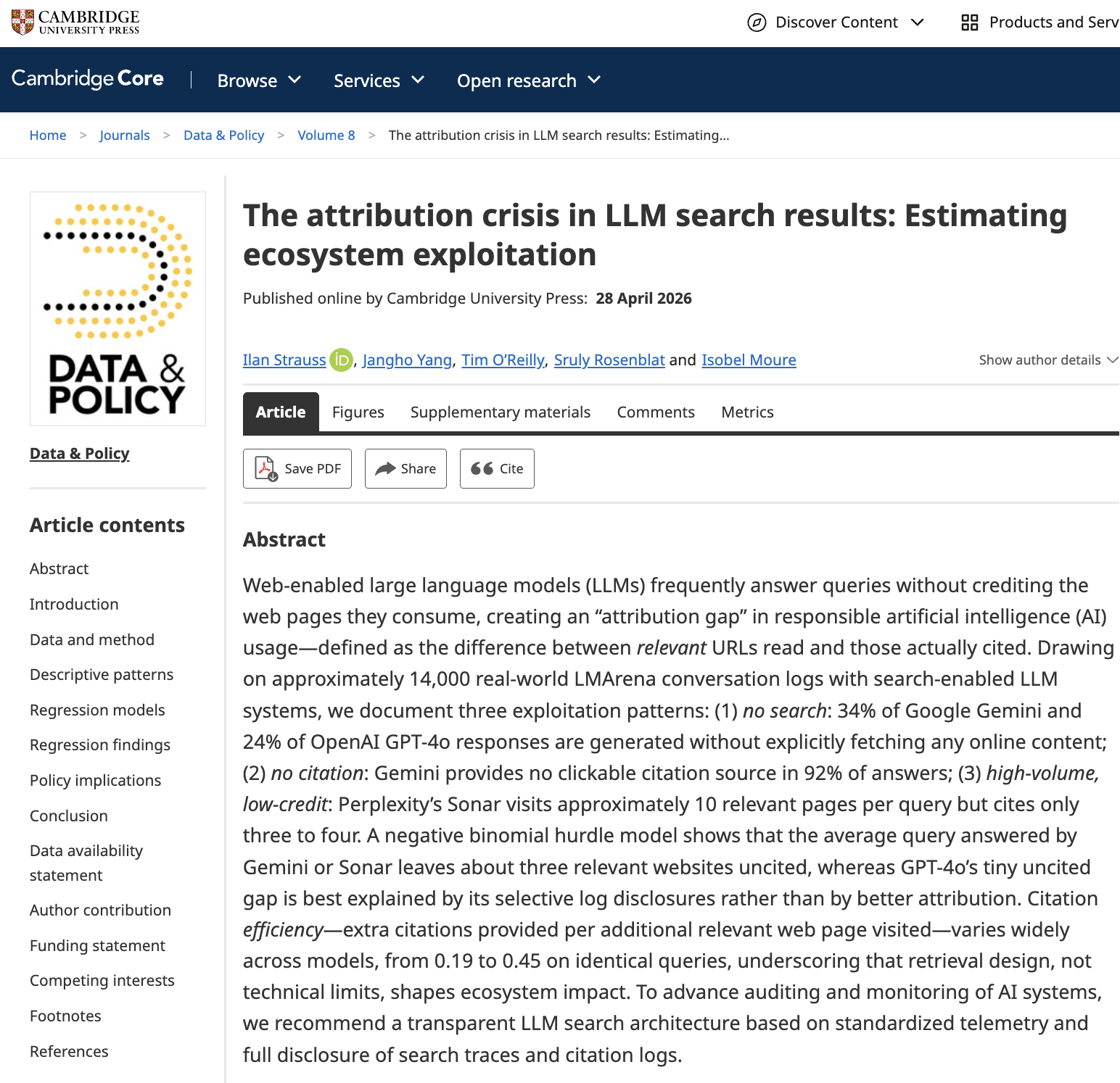 Screenshot of 'The attribution crisis in LLM search results' published in Cambridge University Press's Data & Policy journal, April 2026